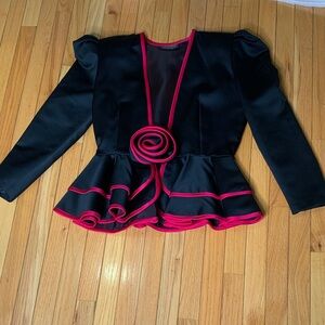 Elegant Black and Red Blazer with Rose Detail